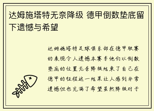 达姆施塔特无奈降级 德甲倒数垫底留下遗憾与希望