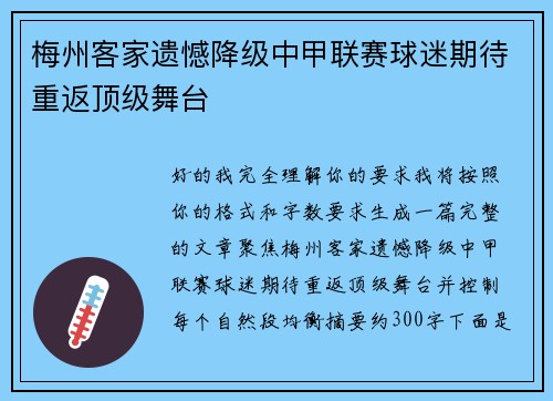 梅州客家遗憾降级中甲联赛球迷期待重返顶级舞台 梅州客家遗憾降级中甲联赛球迷期待重返顶级舞台